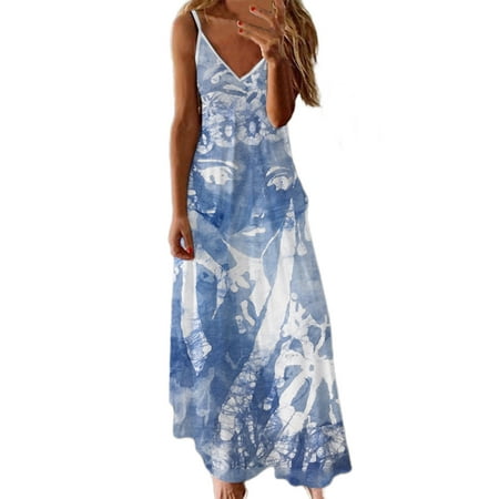 Fesfesfes Boho Sling Dress for Women Floral Print Boho Dress Loose Casual Sleeveless Long Dress V Neck Vacation Beach Camis Dress