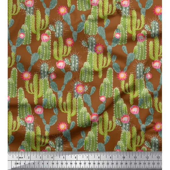 Soimoi Brown Rayon Fabric Flower & Cactus Tree Fabric Prints by Yard 42 Inch Wide
