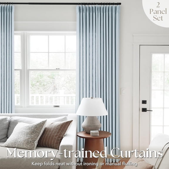 Dusty Blue Pinch Pleated Linen Curtains, 2-Pack 40"x84" - Semi Sheer Drapes with Clips & Hooks for Boys Bedroom