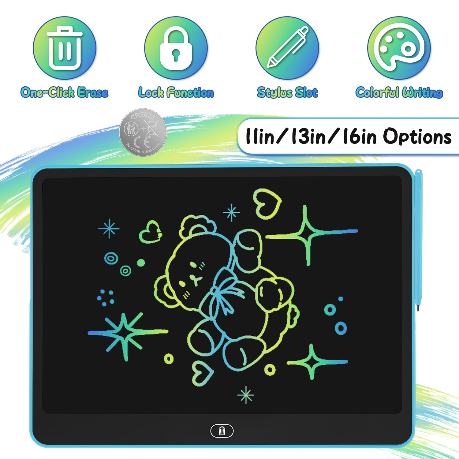 Imountek 11/13/16 Inch LCD Writing Tablet for Toddlers Color Pressure-Sensitive Doodle Board with Storage Stylus Anti-Erase Lock & One-Touch Clear