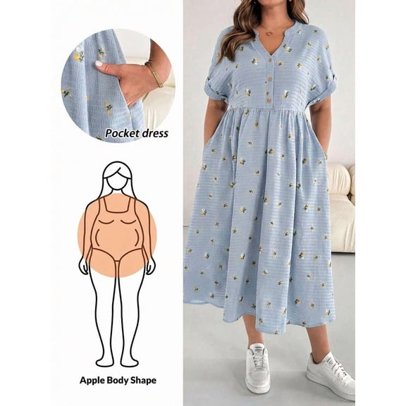 Sky Blue V-Neck Short Sleeve Midi Dress With Floral Print And Exterior Pocket For Women
