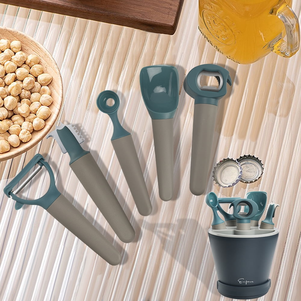"Crock Sets with 5 Pieces Kitchen Gadgets with Herb Cutter, Melon Baller, Ice Cream Scoop, Y-peeler, Lemon Zester, Bottle Opener in Black"