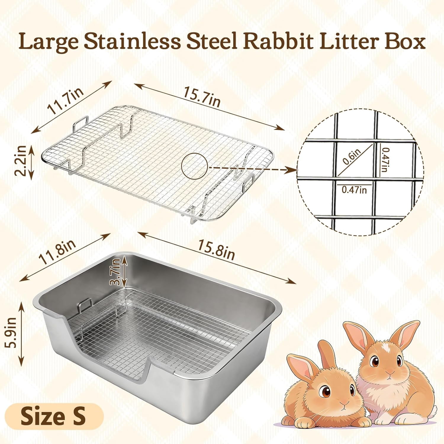 Large Rabbit Litter Box, Bunny Litter Box High Side with 304 Stainless Steel Sifting Tray, Metal Small Animal Litter Pan with Pet Food Bowl and Water Bottle, Non-Slip Easy to Clean Odor Control