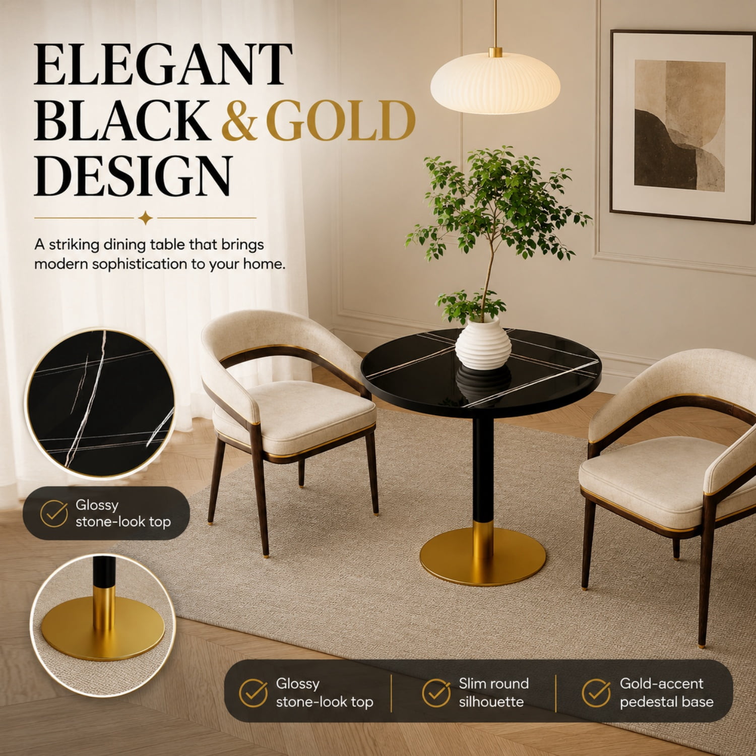 Miniyam 31.5 in. Round Tulip Dining Table for 2-4, Glossy Stone-Look Pedestal Table for Kitchen or Small Spaces, Black&Gold