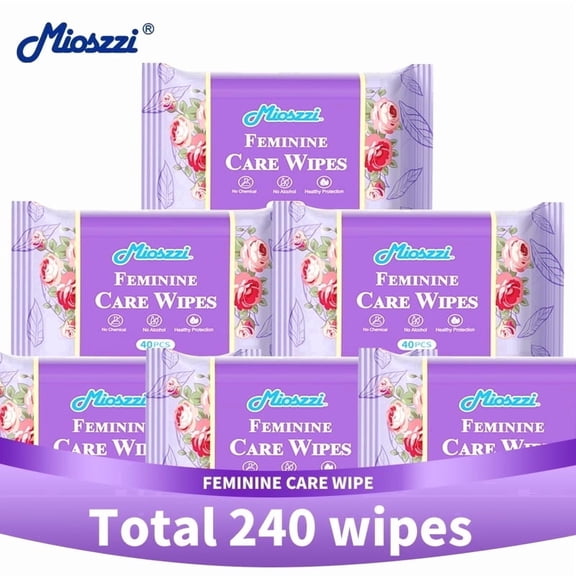 Mioszzi Feminine Intimate Care Wipes, pH Balanced Plant-Based, Gentle for Sensitive Skin, 6 Packs, 240 Total Wipes