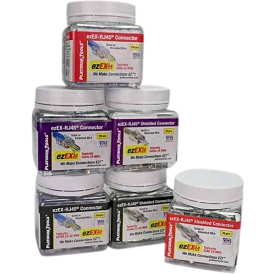 Platinum Tools ezEX-RJ45 Shielded Crimp Plugs (Cat5e/Cat6 Compatible), internal ground, 50 Pieces Jar