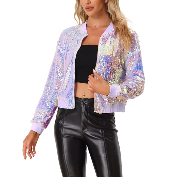 INSPIRE CHIC Women's Sequin Jacket Zipper Closure Hidden Pockets Bomber Jacket L Pink Purple