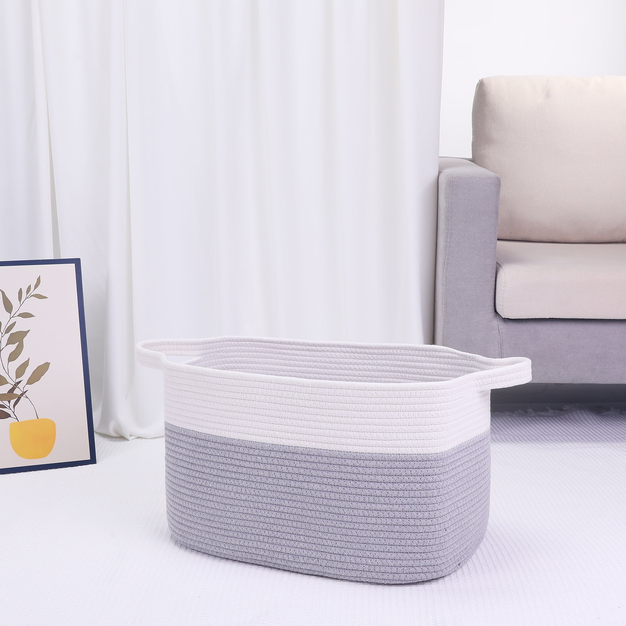 Unique Bargains Woven Storage Basket with Handle Shelf Storage Bin for Home White Grey