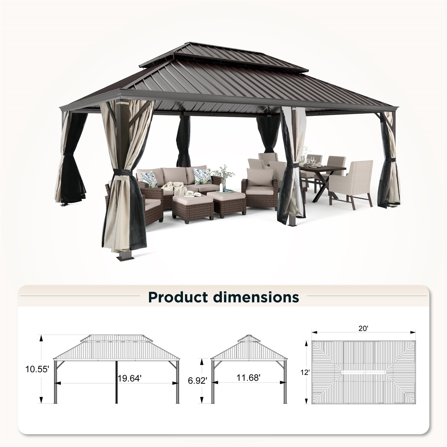 Summit Living 14' x 20' Hardtop Gazebo Aluminum Frame Galvanized Steel Double Roof Patio Gazebo with Netting & Curtains Brown