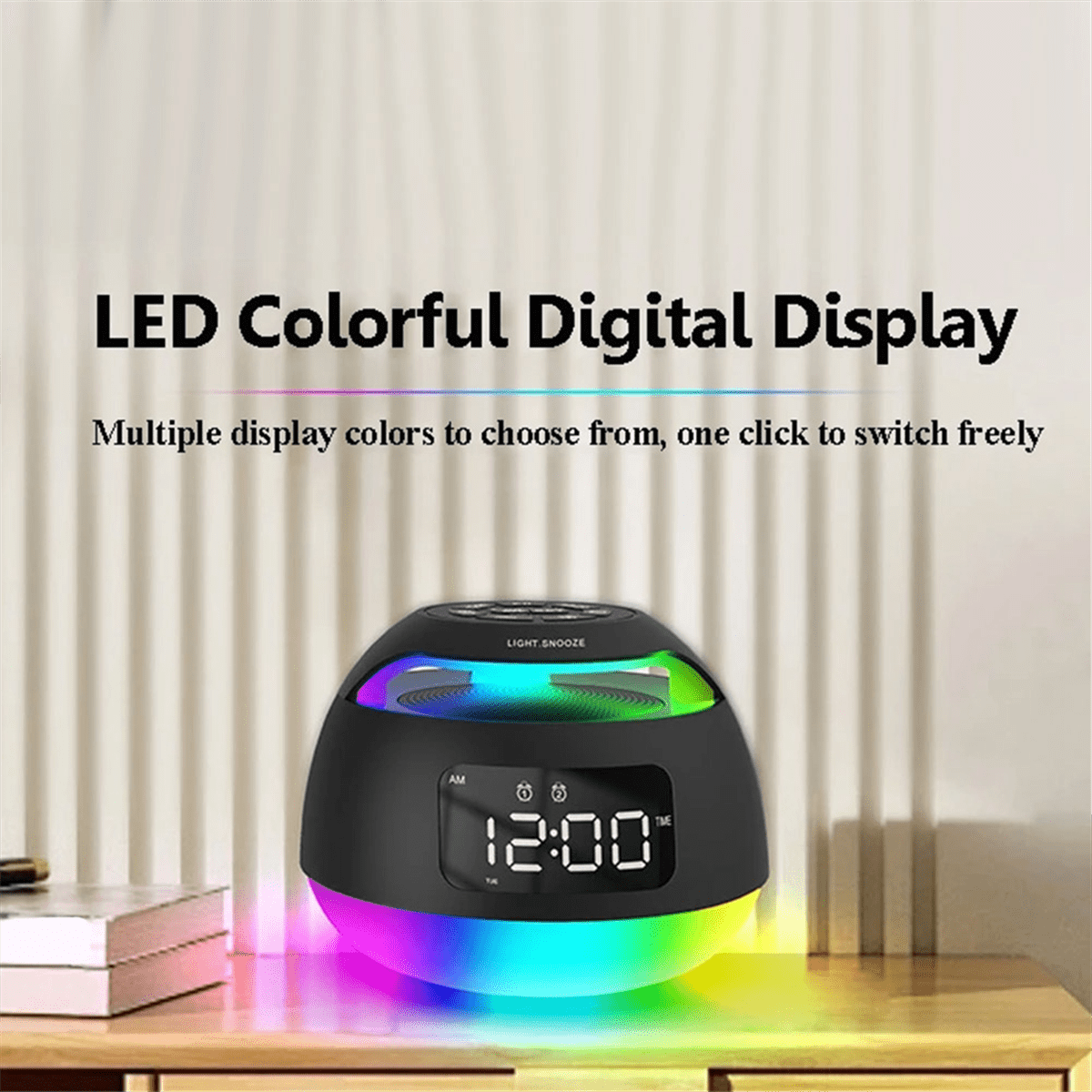 Portable LED Alarm Clock Radio  ColorfulLight Radio Receiver Wireless Bluetooth Speaker with DualAlarm Clock Snooze,B