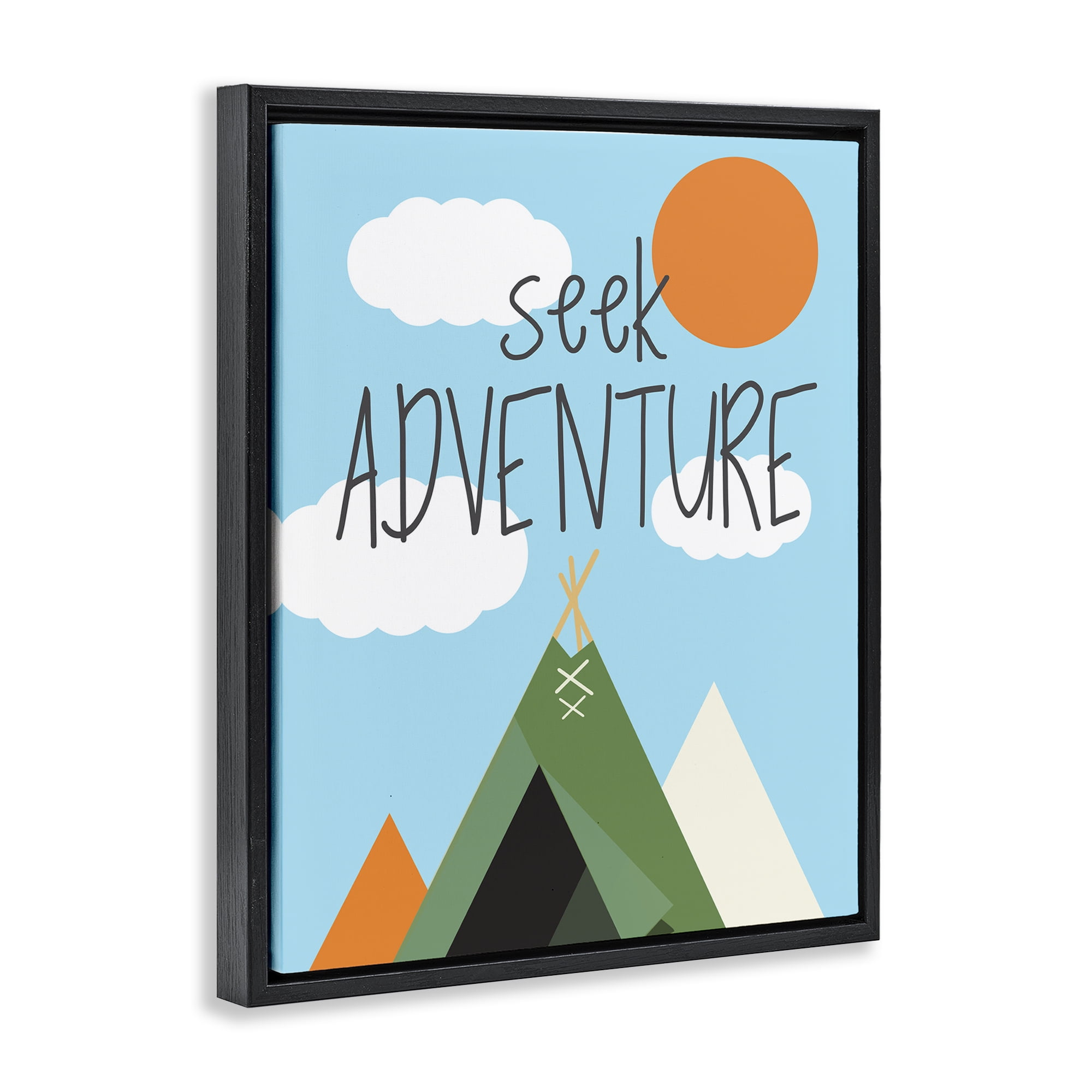 Stupell Industries Seek Adventure with Tent Text & Numbers Painting Black Floater Framed Canvas Art Print Wall Art, 25 x 31