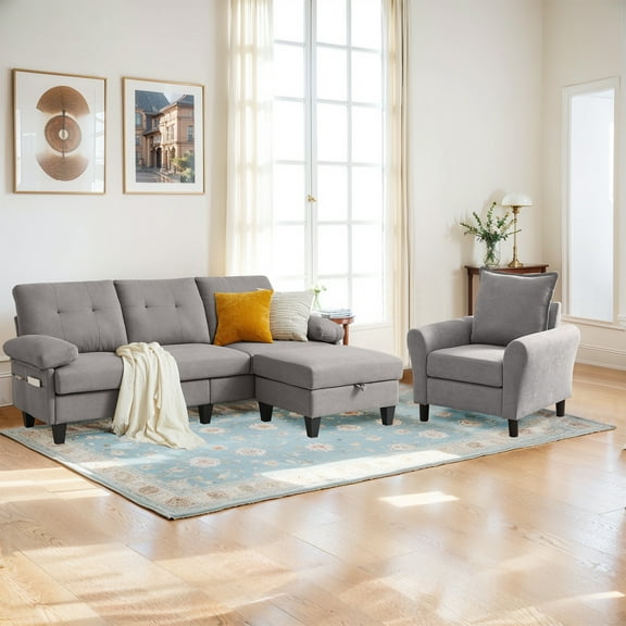 Soscana Modern Living Room Furniture Set 3 Seat Sectional Sofa with Storage Ottoman and Accent Chair, L Shaped Couch with Side Pockets and Armchair, Seating Set for Apartment Office Studio