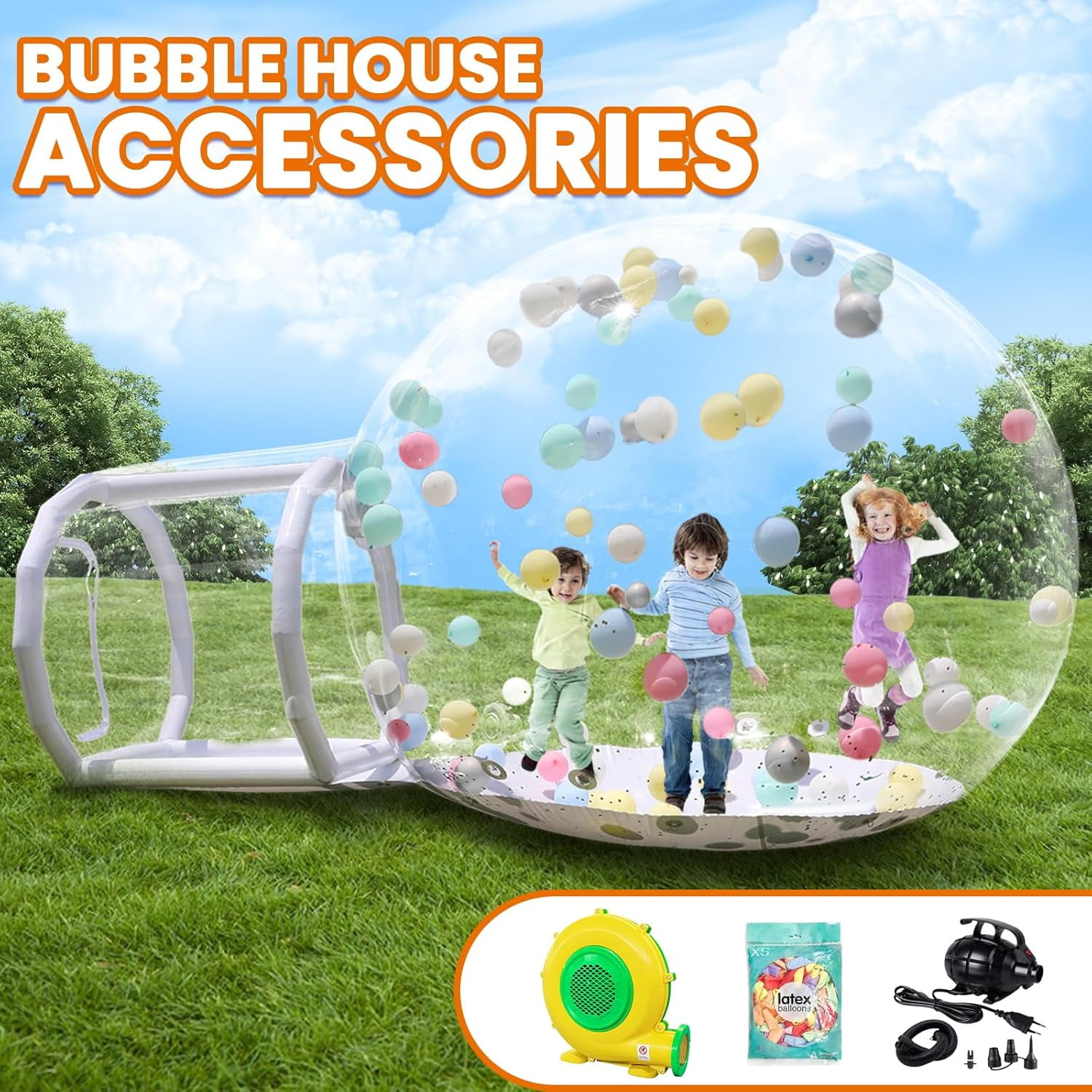 Esheno Inflatable Bubble House 8.2 ft Clear PVC Dome Tent with Tunnel and 600W Air Pump Bubble Balloon Playhouse for Kids Party Clear