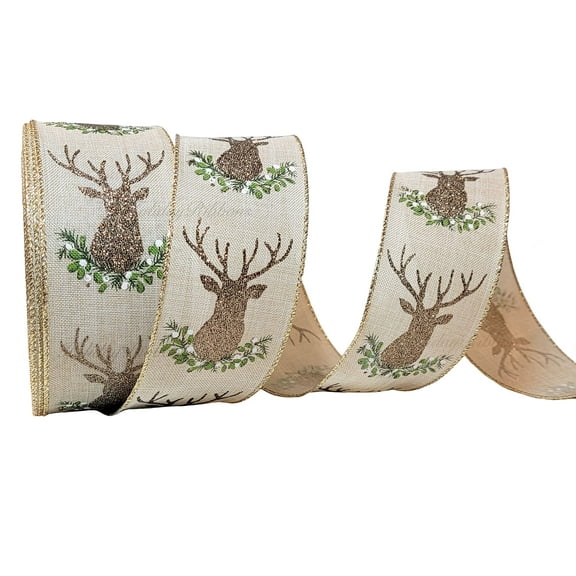 2.5" x 50 Yards Wired Christmas Ribbon Glitter Reindeer Natural Colored Ribbon