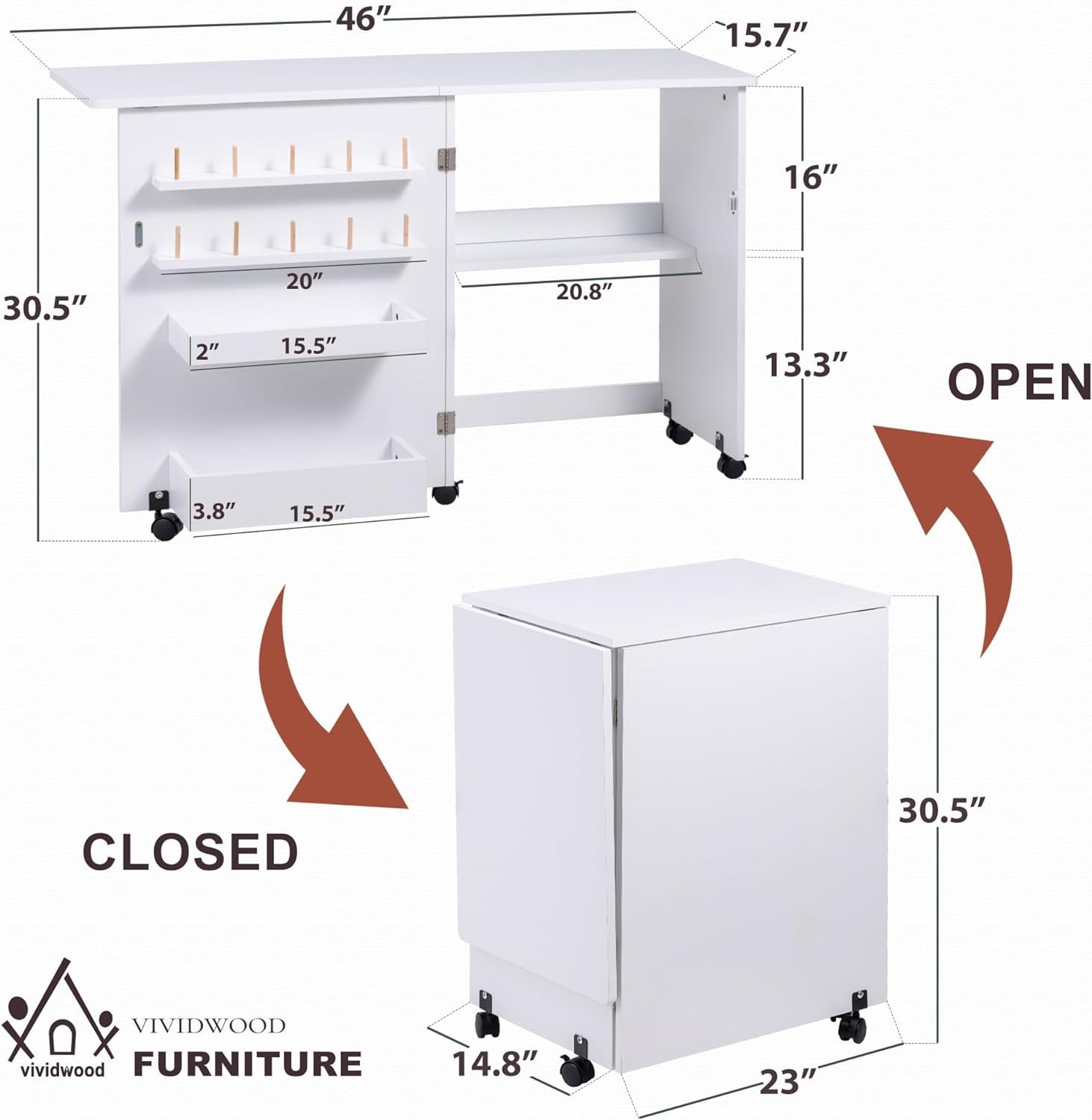 Folding Sewing Table, Multipurpose Sewing Machine Table with Compact Design, Wheels, Shelves, Bins, Pegs, Magnetic Locks (White)