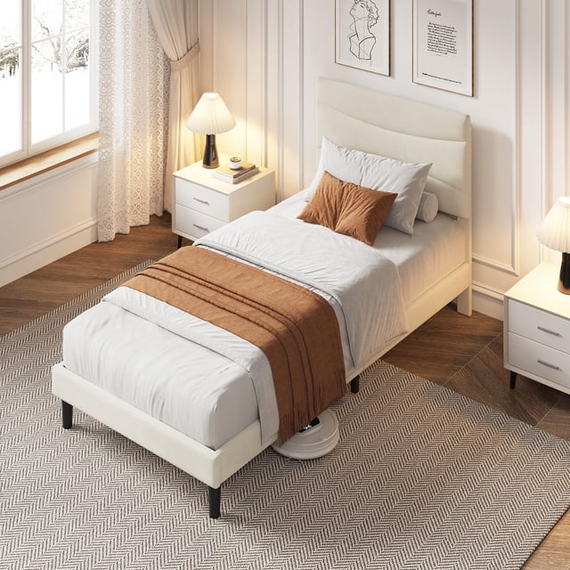 Towallmark Modern Upholstered Platform Bed Frame with Headboard – Twin Size, Wooden Slats, Noise-Free, Underbed Storage, No Box Spring Required, Easy Assembly, offwhite