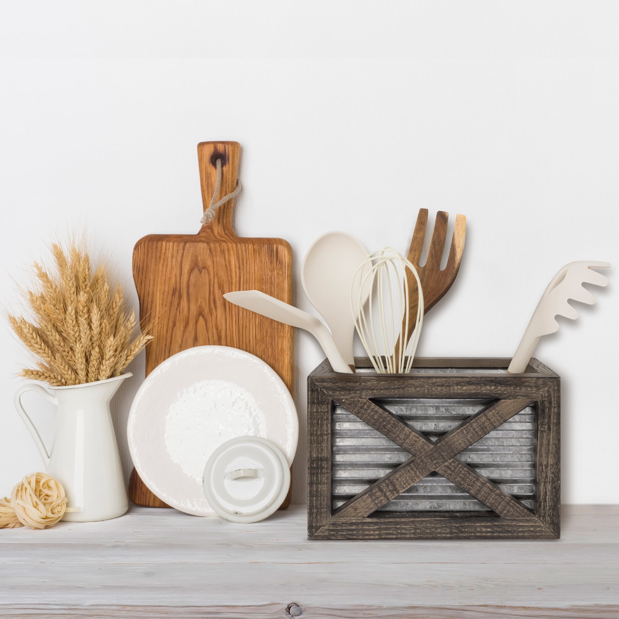 Autumn Alley Farmhouse Kitchen Utensil Holder, Rustic Wood & Galvanized Metal Cooking Utensil Caddy for Countertop Storage, Barn Door Style