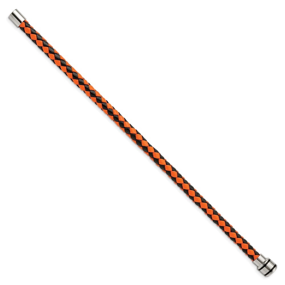 Diamond2Deal Stainless Steel Polished Black IP-Plated Black and Orange Braided Leather Bracelet for Men 9"