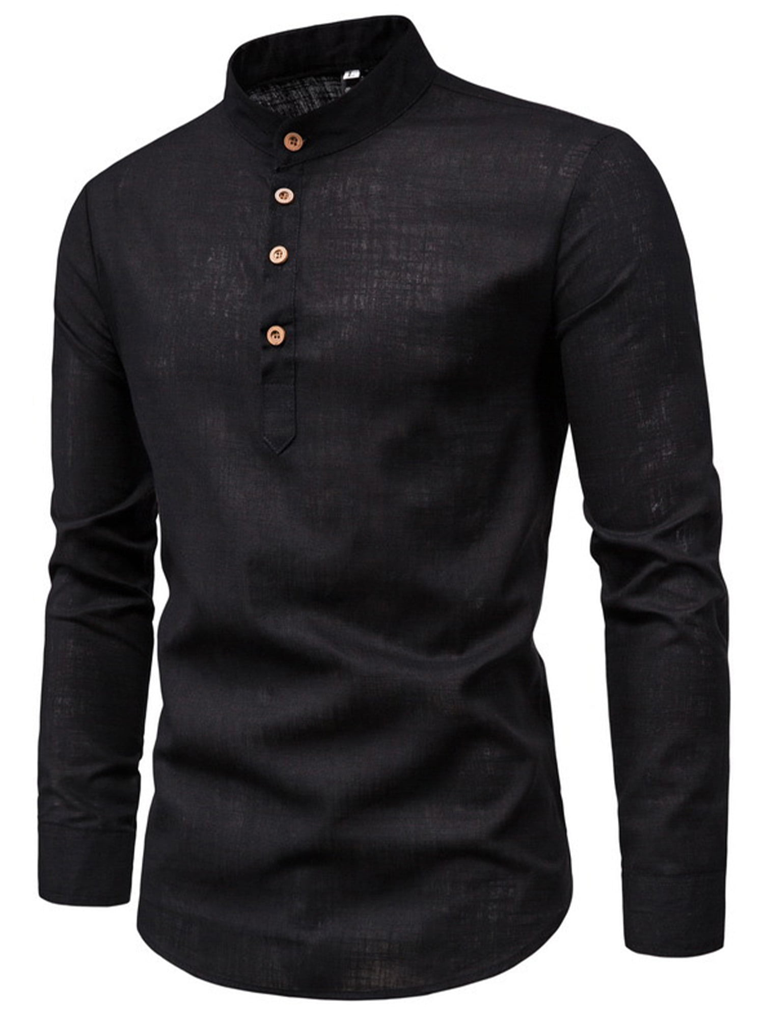 Generic Mens Autumn Solid Long-Sleeve Stand Collar Button Down Linen Cotton Shirt 