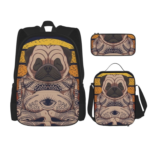 Balery Pug dog Yoga Mochila Escolar 3 en 1 para Niños - Mochila Resistente con Lonchera Térmica y Estuche - Mochila Escolar para Niños y Niñas