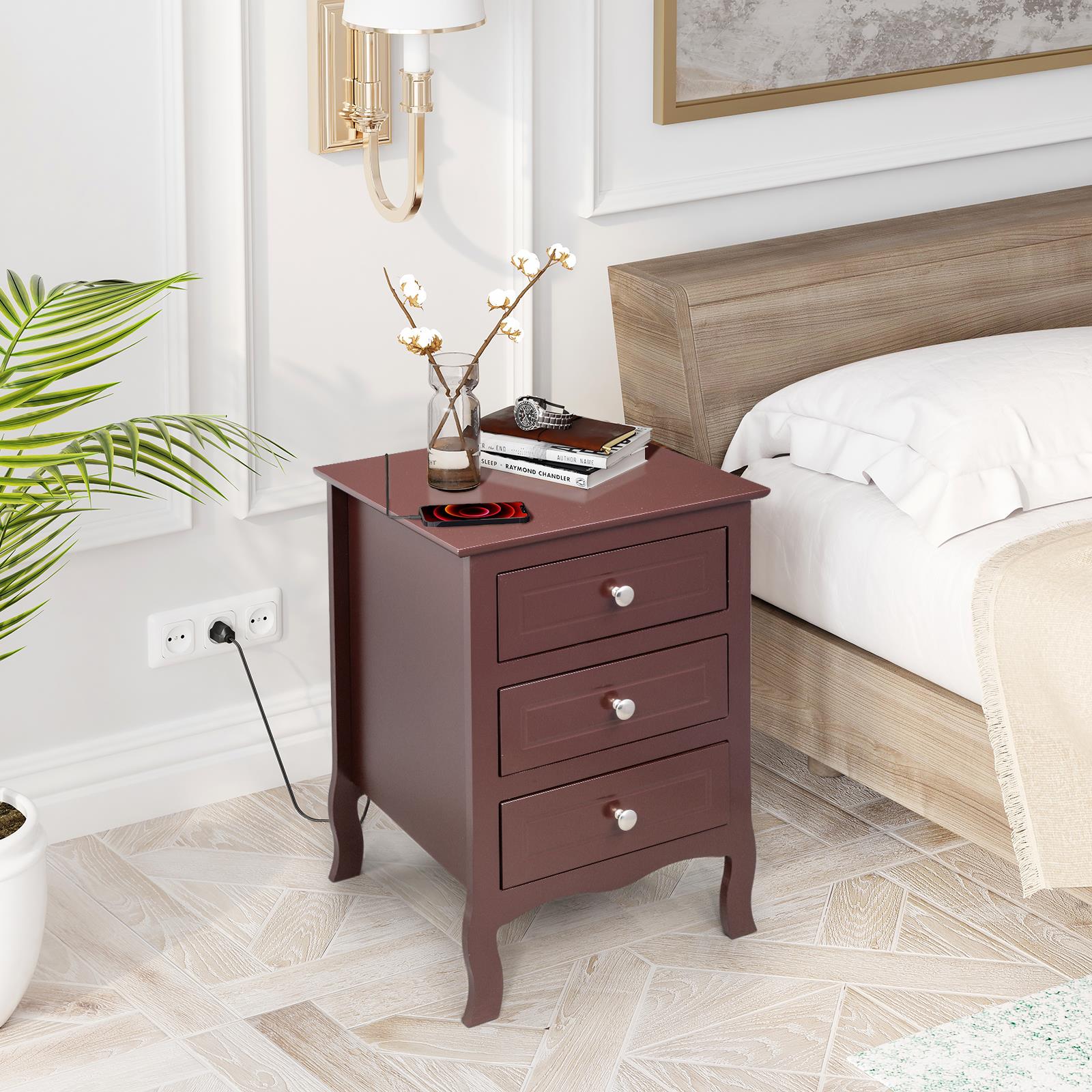 Ktaxon Nightstand End Table with 3 Drawer,Brown Finish