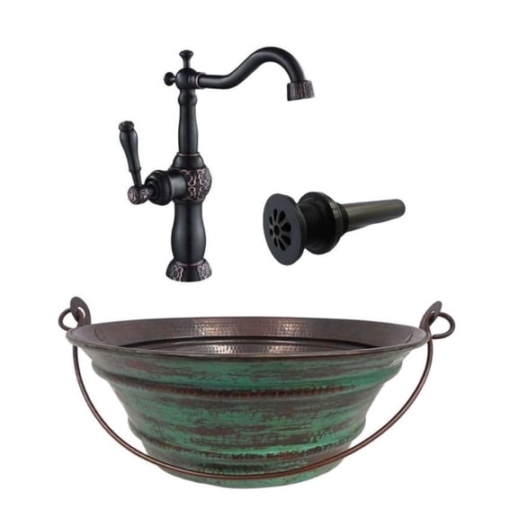 SimplyCopper 15" Round Top-Mount Copper Bucket Vessel Sink 3 Piece Kit