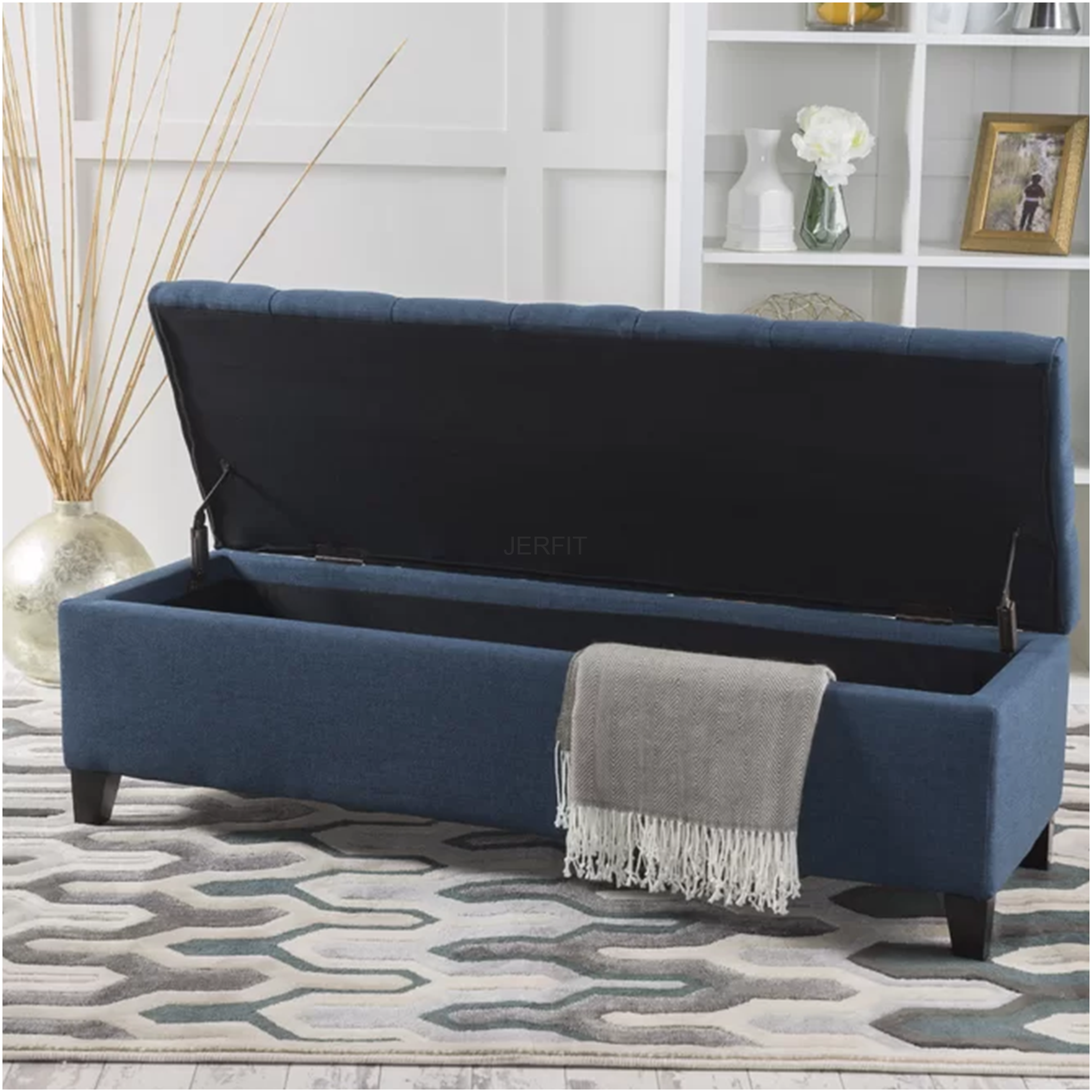 JERFIT Navy Blue Fabric Storage Ottoman Bench with Tufted Lid for Living Room