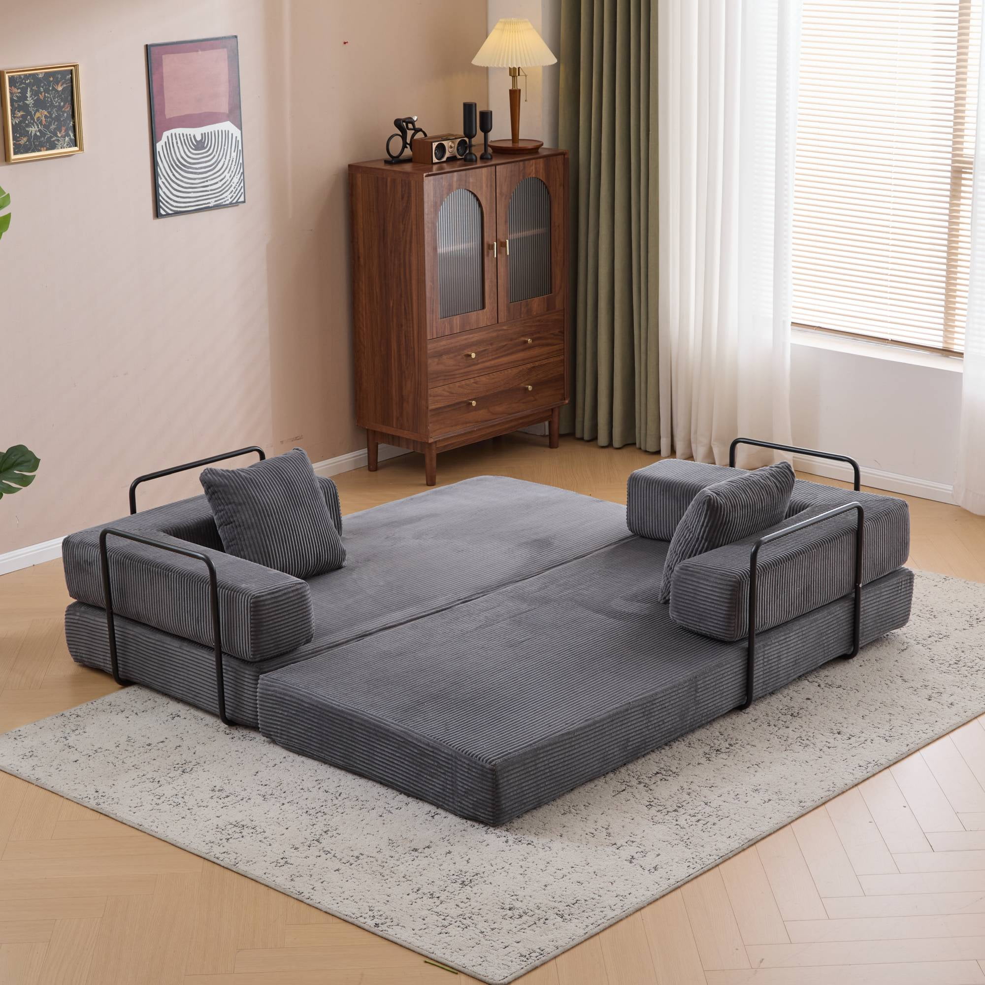 Convertible Sofa Bed, 78 Inch Oversized Corduroy Boneless Couch, Floor Mattress Sleeper Sofa Couch with Pull Out Bed for Living Room, Bedroom, Grey