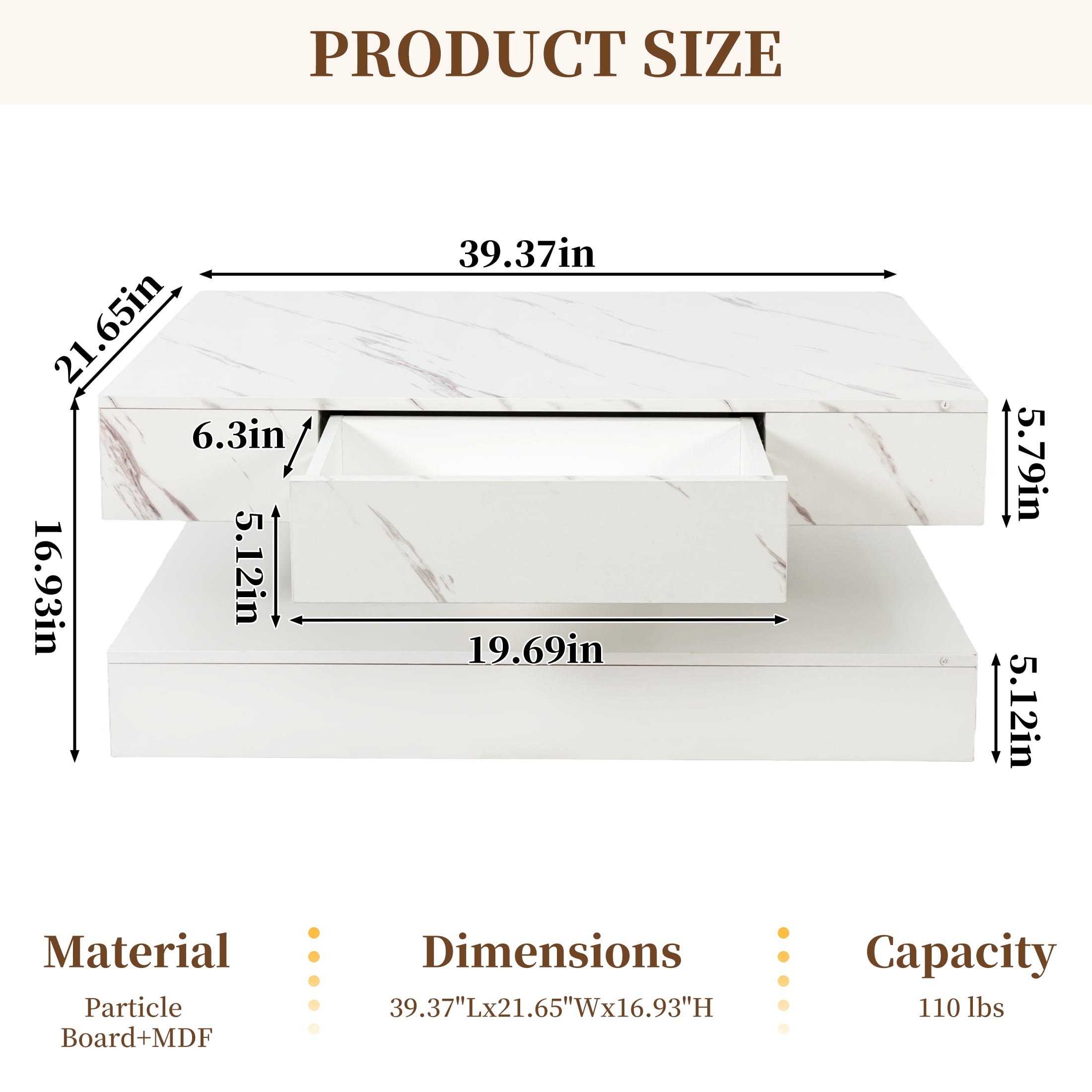 UHOMEPRO White LED Coffee Table with Storage Drawers, 39" Modern High Gloss Center Table with RGB LED Lights, 2-Tier Rectangle Design with Marbling Print for Living Room, White