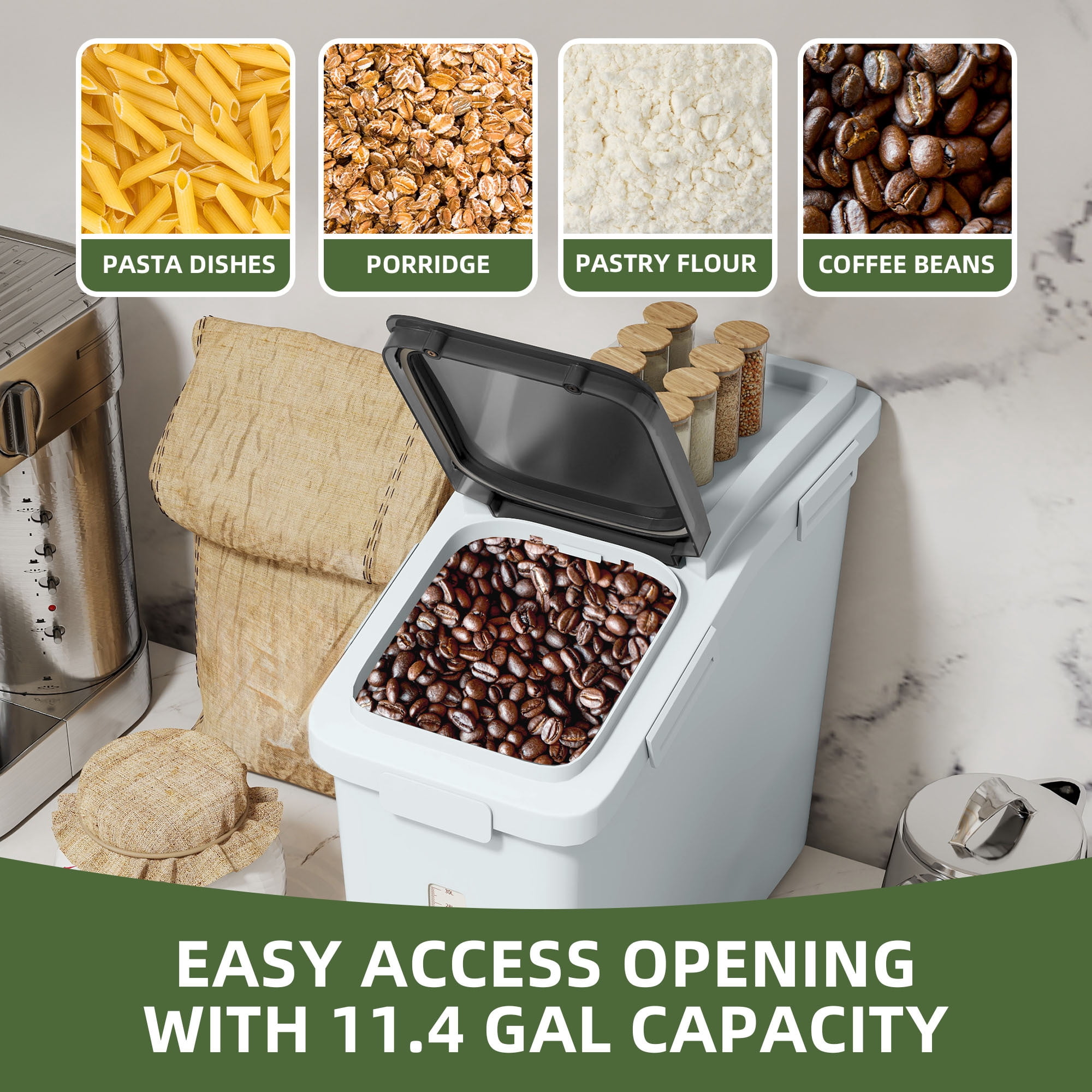 Uforic Ingredient Storage Bin, Large Commercial Rice Container with 11.4 Gallon Capacity, Bulk Flour Bin with Wheels, Scoop, Lid, and Scale for Kitchen, Grey