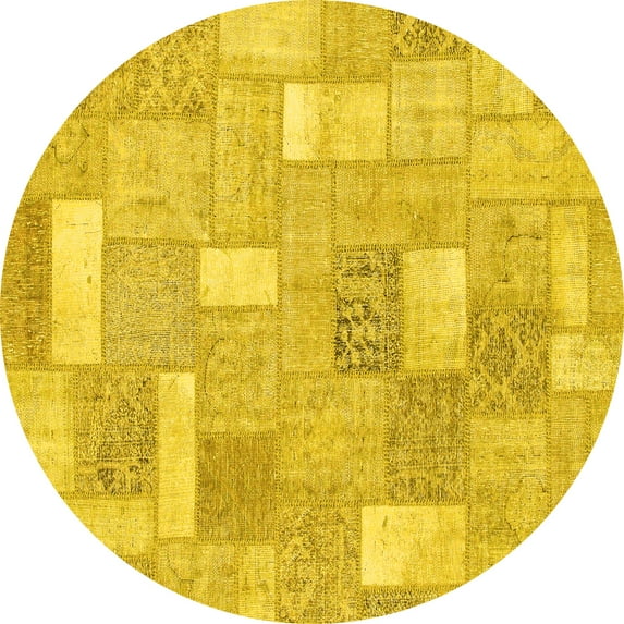 Ahgly Company Machine Washable Indoor Round Patchwork Yellow Transitional Area Rugs, 3' Round