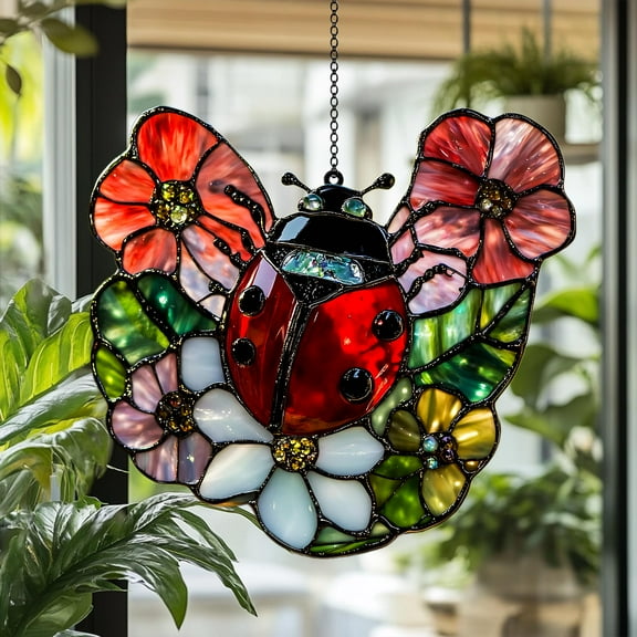 Ladybug Garden Acrylic Suncatcher, Colorful Floral Faux Stained Glass Window Hanging, Gift For Mom