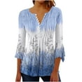 thumbnail image 2 of Sakmal Fashion Tops for Women 3/4 Sleeve Blue Floral Button V-Neck Tunic Plus Size Ladies Shirts, 2 of 4