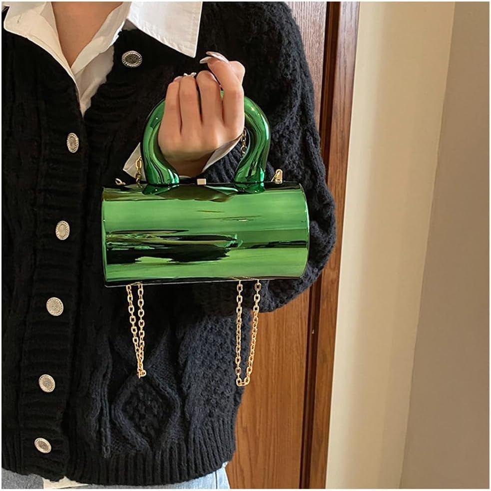 HLSOHJP Acrylic Evening Clutch Women Chic Metal Purses Shiny Barrel-Shaped Handbag Crossbody Bag for Wedding Parties