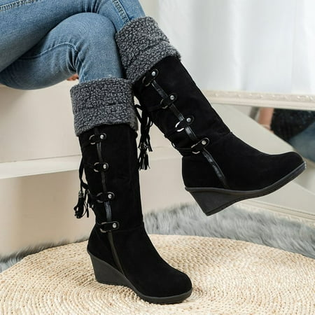 

BELLZELY Wide Width Women Shoes Clearance Large-size Fringe Back Zipper Mid-calf Boots Non-slip Chunky Heel Snow Boots