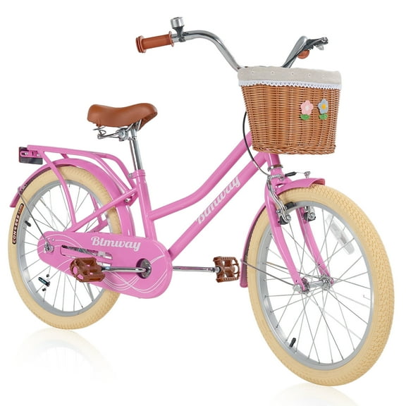 COCLUB 20 Inch Girls Bike, Bicycles for Kids 10-12 with Basket, Wheel Lights and Bell, Beach Cruiser Bicycles Pink