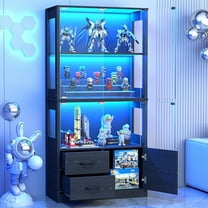 Display Cabinet with Glass Doors, 4-Tier Curio with 3-Color Lights & Human Body Sensor, Storage Cabinet with 3 Shelves & 2 Drawers for Living/Dining/Game Room, Black Oak