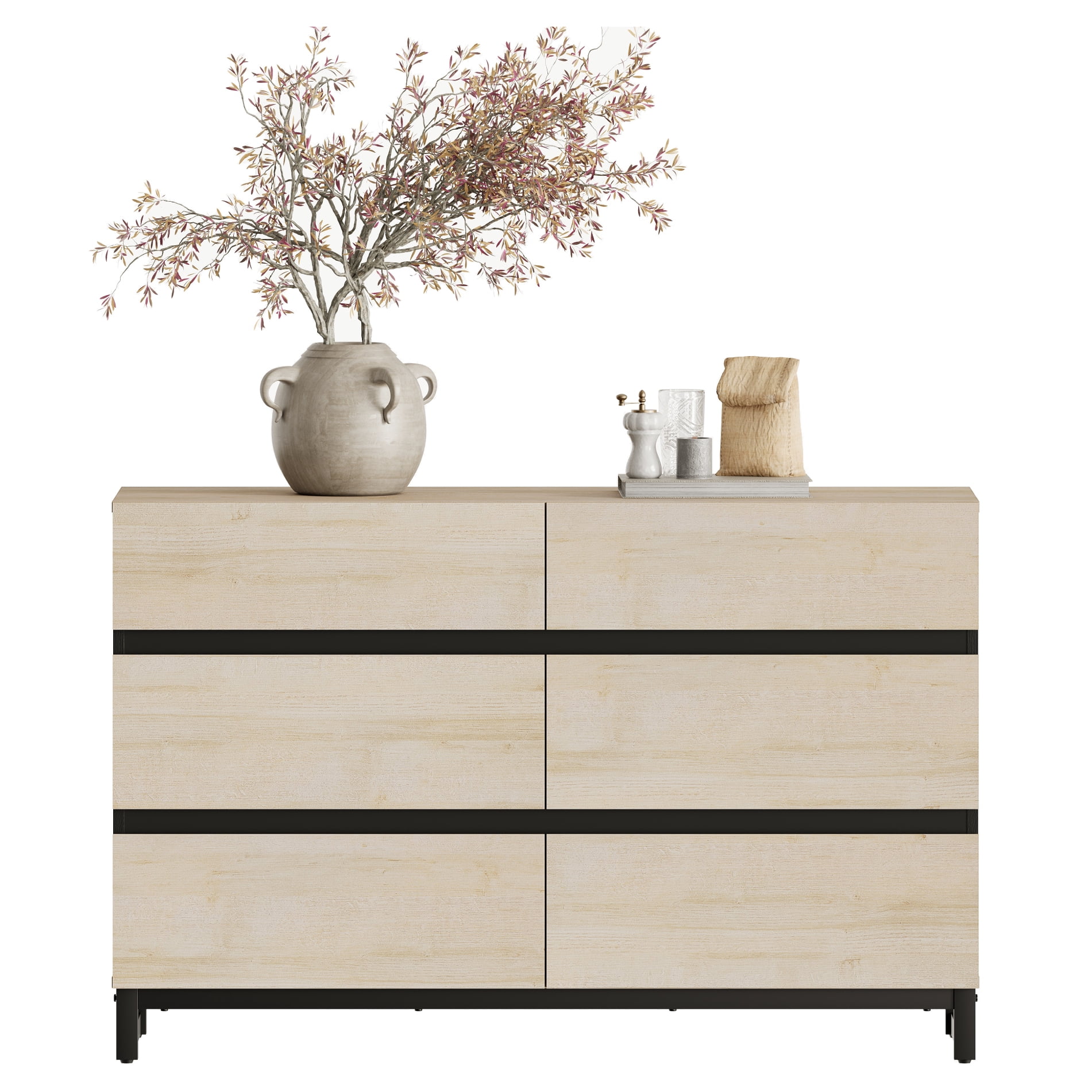WAMPAT Modern 6-Drawer Wood Dresser with Concealed Handles & Metal Base, Chest of Drawers & Closet Organizer for Bedroom, Living Room Storage