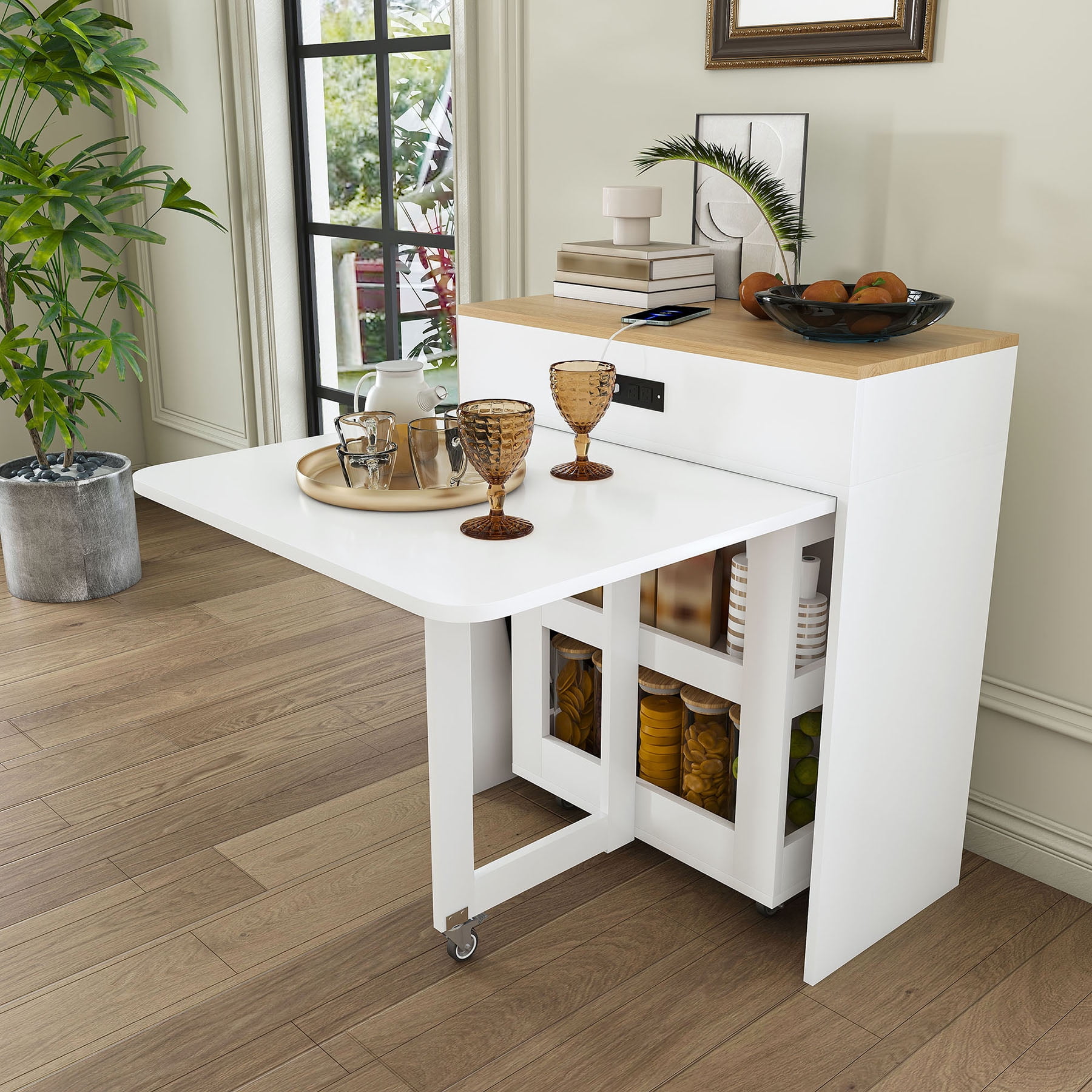 Extendable 74 Inch Dining Table With Power Socket Lockable Casters And Small Space Storage Pull-Out Tabletop Island white