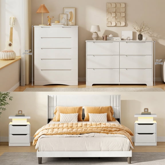 Bedroom Furniture Sets, Asofer 2 Nightstands, 2 6-Drawer Dressers, Queen Bed Frame, White