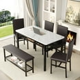 thumbnail image 4 of PORKISS Kitchen Dining Table Set for 6, Modern Dining Room Set for 6 with Faux Marble Table, 4 PU Leather Chairs and 1 Cushion Bench, Metal Frame, Gray + Black, 4 of 14