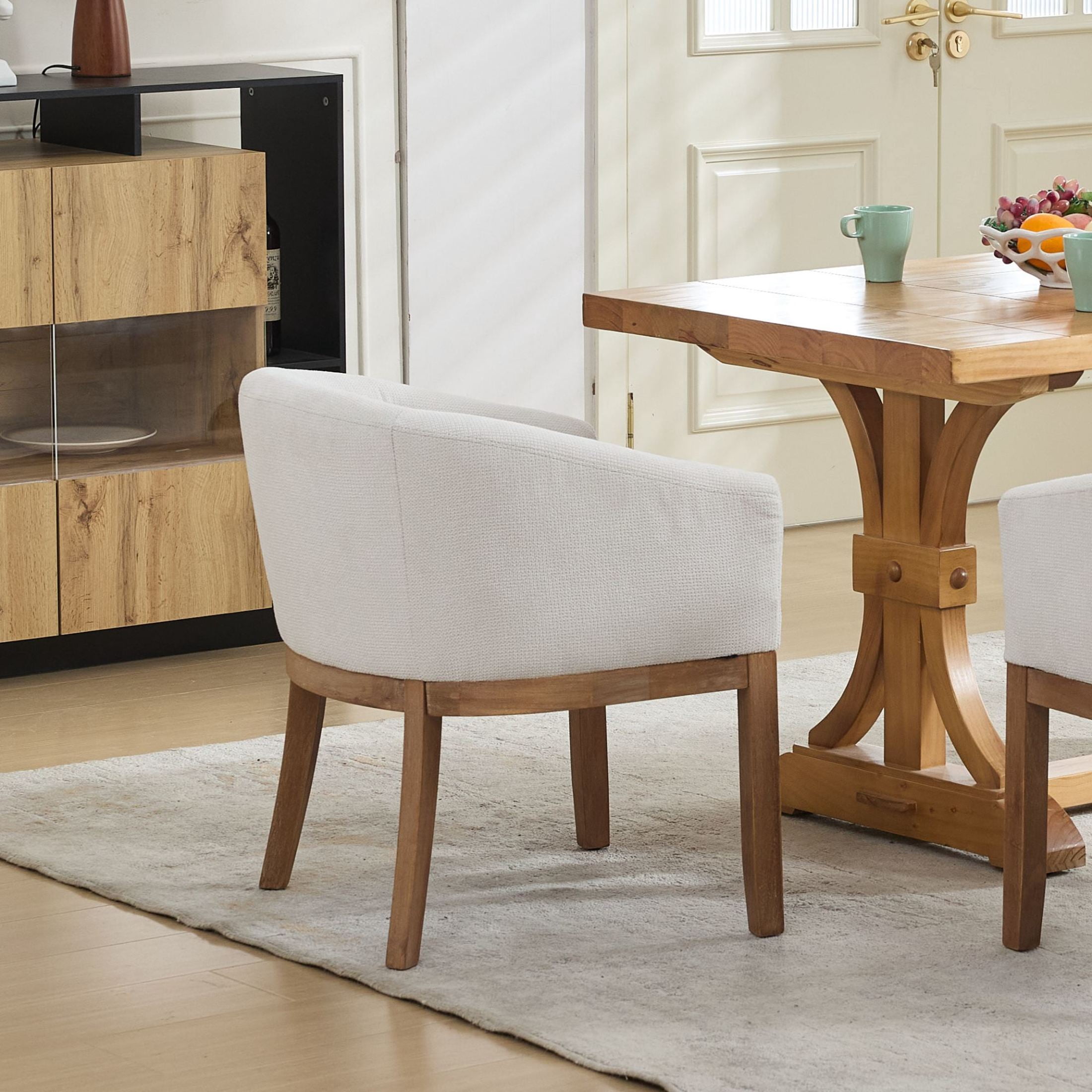 Noble House Barrel Dining Chair with Arms, Linen Upholstery, Rubberwood Frame, Beige
