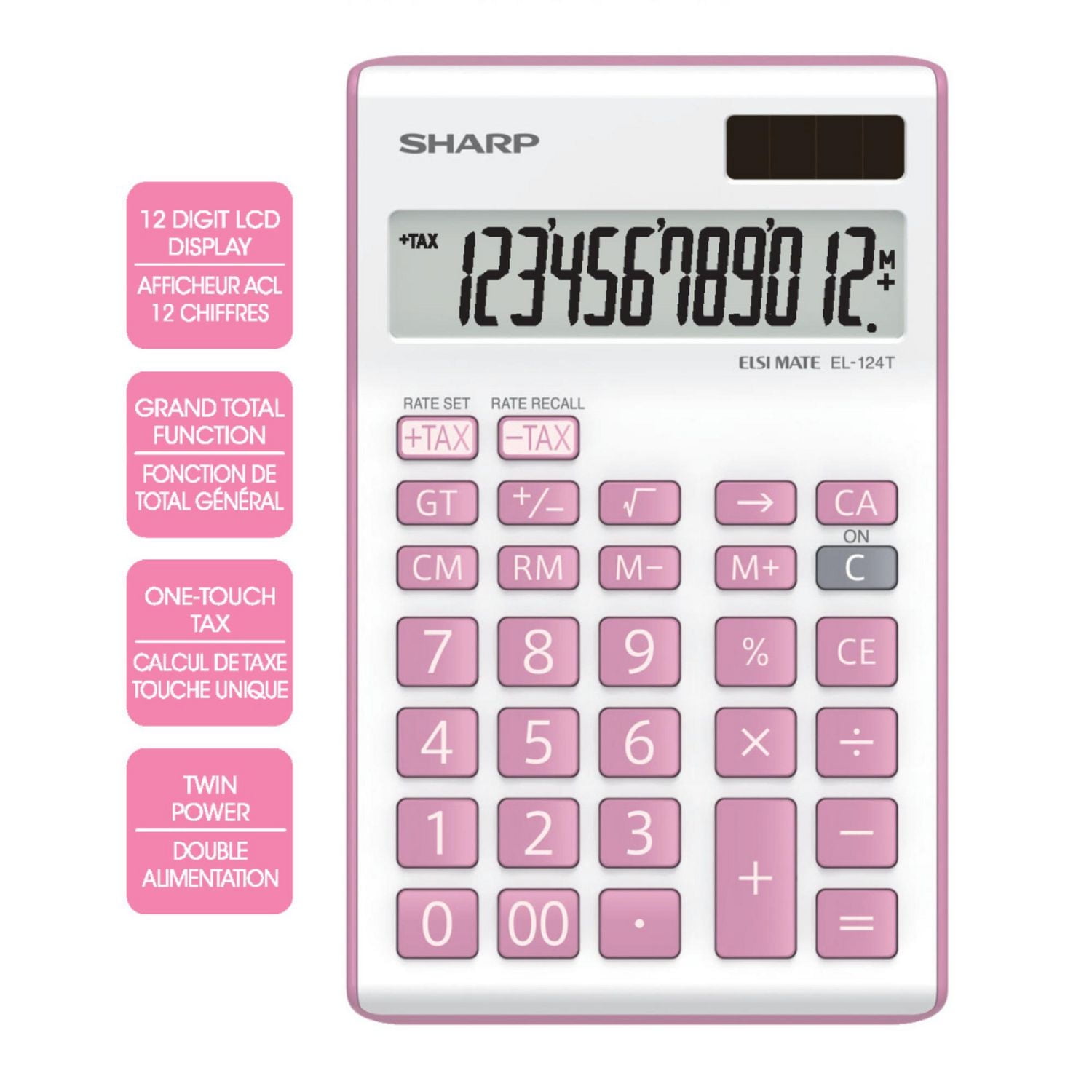 SHARP EL124TPK Twin Power 12-digit Display Desktop Calculator, Dual power with key functions
