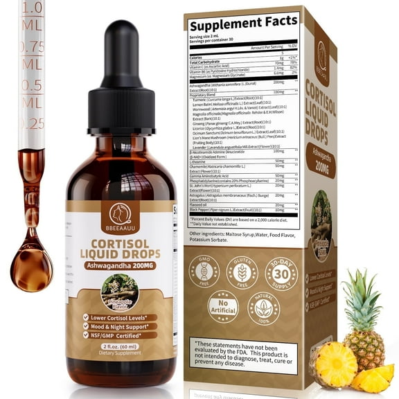 Cortisol Liquid Drops, with Magnesium Glycinate, Ashwagandha, L-Theanine, for Hormone Balanced, Mood Focus, Sleep Support, 2 fl oz