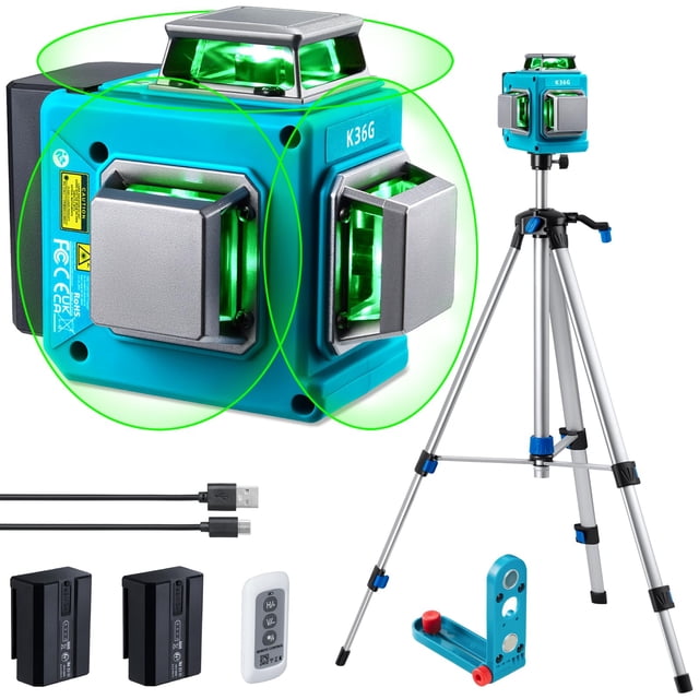 Nivel láser KEZERS 3 x 360 con trípode, control remoto, láser verde