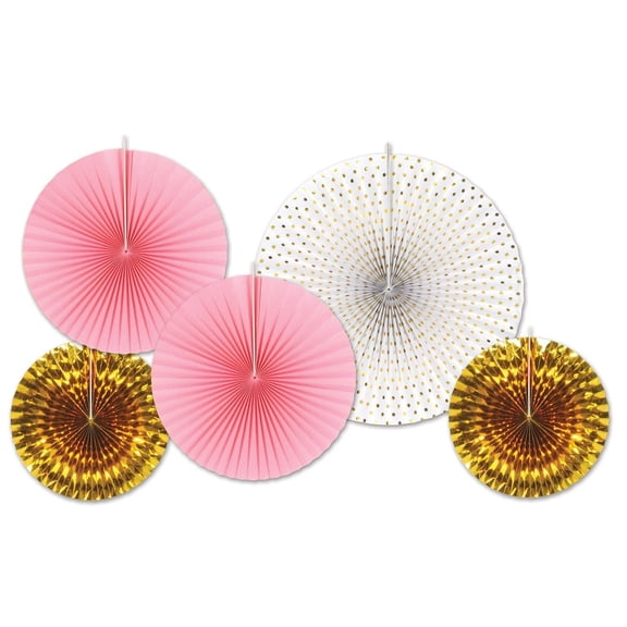 Beistle Assorted Paper & Foil Decorative Fans Gold and Pink (Case of 60)