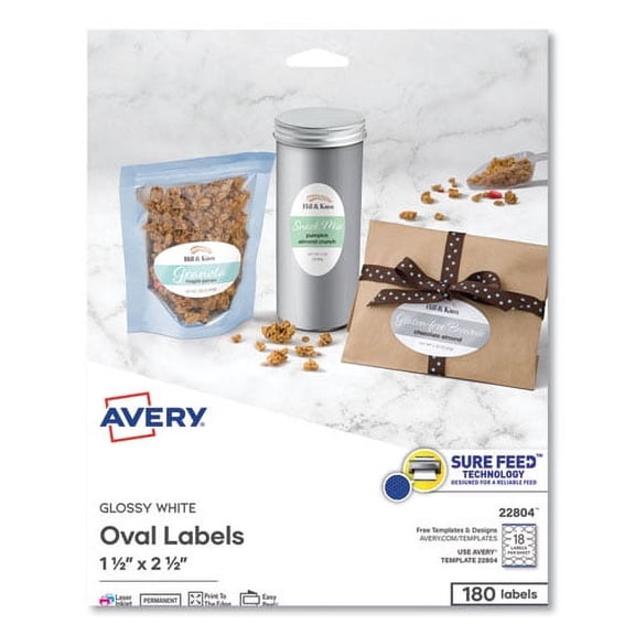 Oval Labels With Sure Feed And Easy Peel, 1 1/2 X 2 1/2, Glossy White, 180/pack | Bundle of 10 Packs