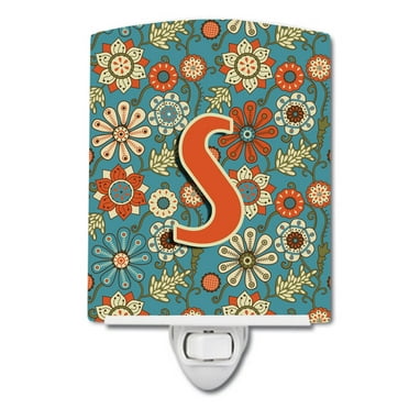 Caroline's Treasures CJ2012-SCNL Letter S Flowers Retro Blue Ceramic Night Light, 6x4x3", multicolor