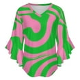 thumbnail image 5 of Pink Green Swirl Abstract Design Women's V-Neck Blouse With 3/4 Ruffled Bell Sleeves Casual Top Ladies Blouses, 5 of 7