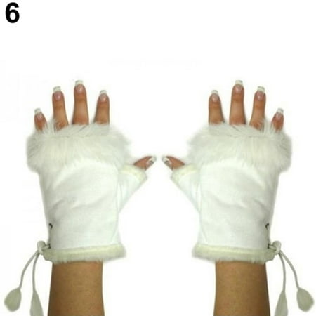 

Women\ s Winter Faux Rabbit Fur Faux Leather Fingerless Mittens Wrist Gloves